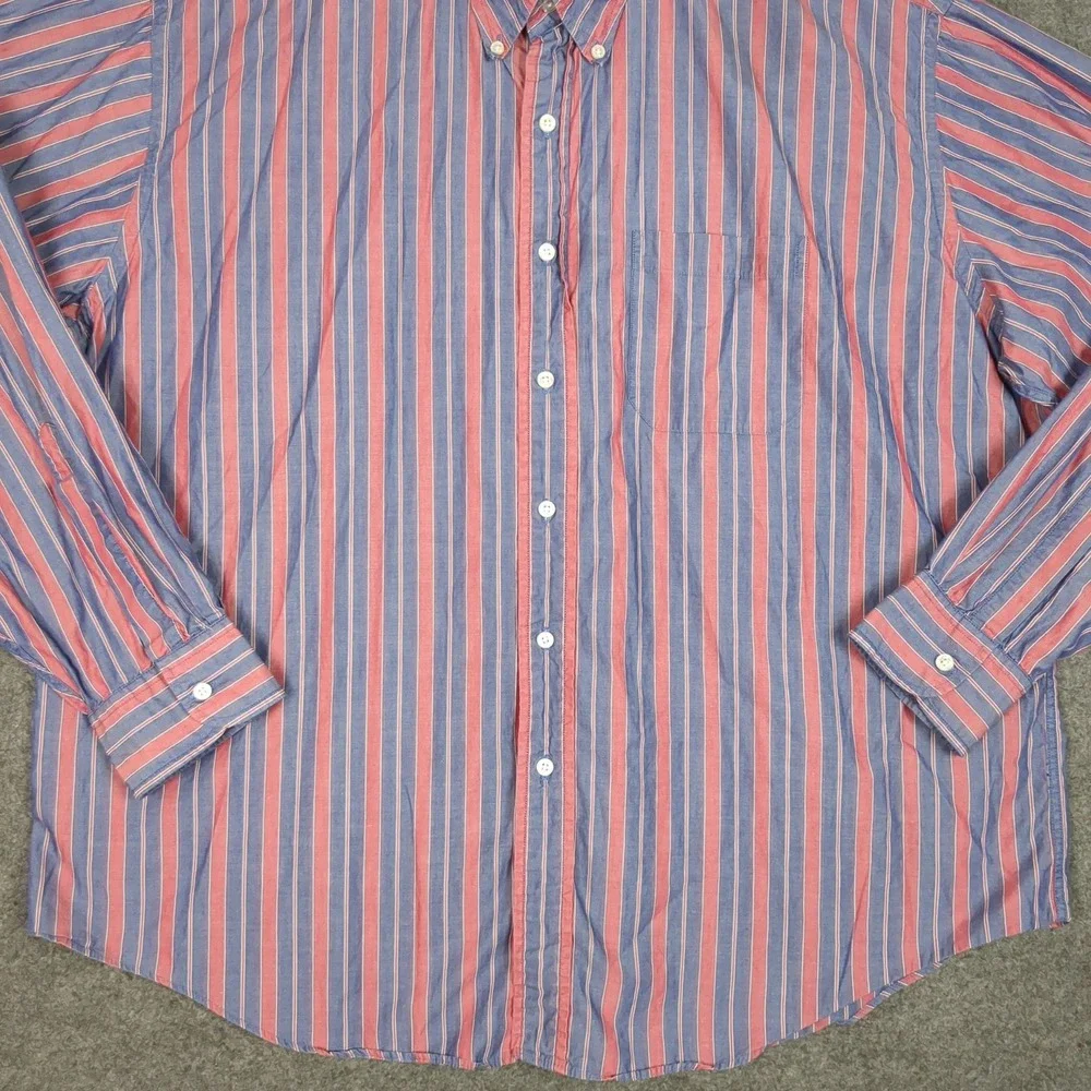 LL Bean Mens XXL Button Down Shirt Blue Red Striped Long Sleeve Regular Ext